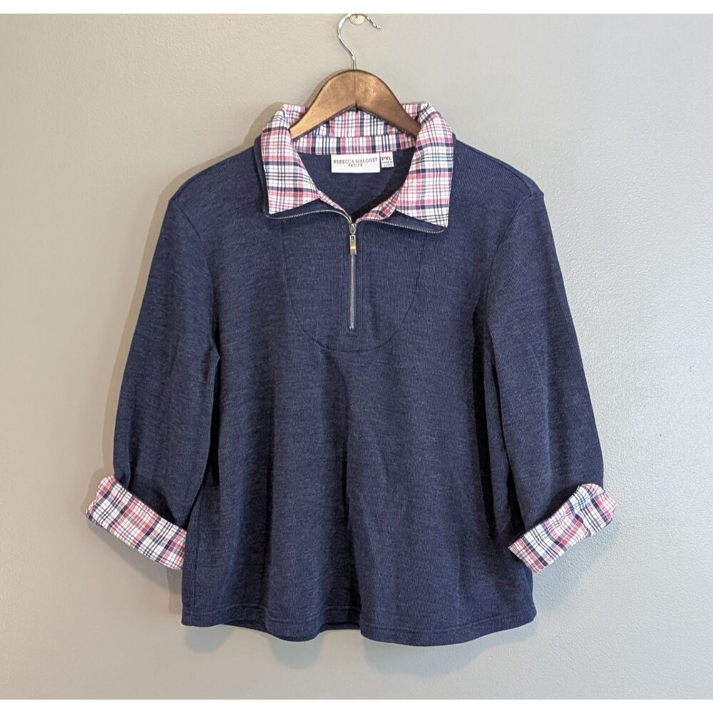 Rebecca Malone Petite XL 1/4 Zip Blue Sweater Plaid Collar Layered Look PXL Top